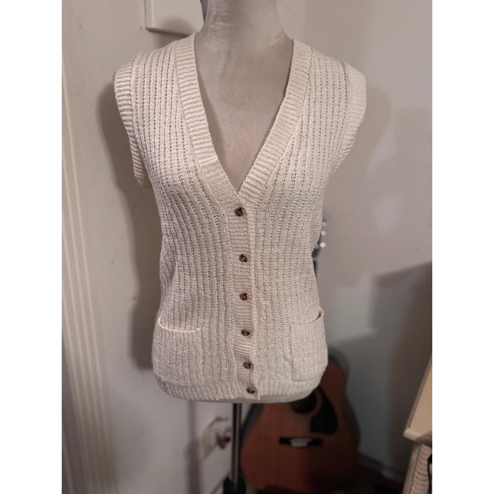 Vintage Its Pure Gould Cream Knit Button Front Sweater Vest Cardigan Pockets